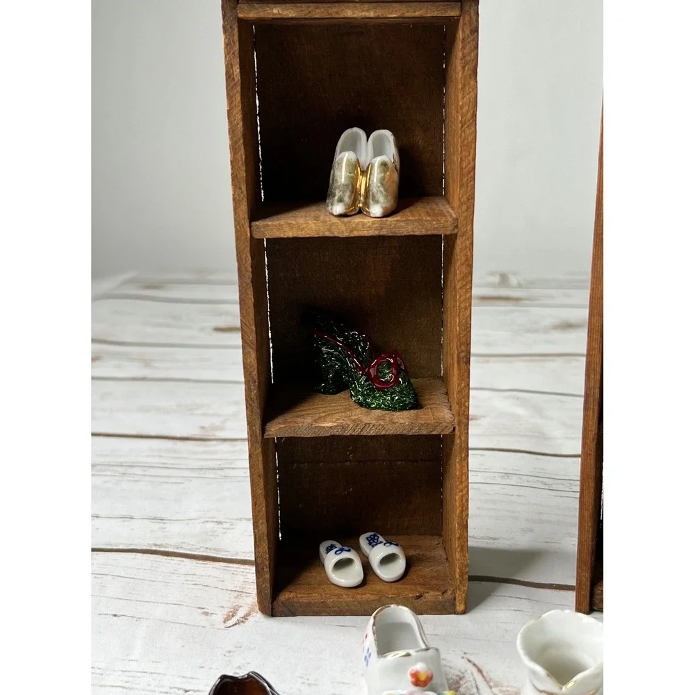 Vintage Miniature Shoe Collection Multicolor Porcelain Glass Wood Shelves OS